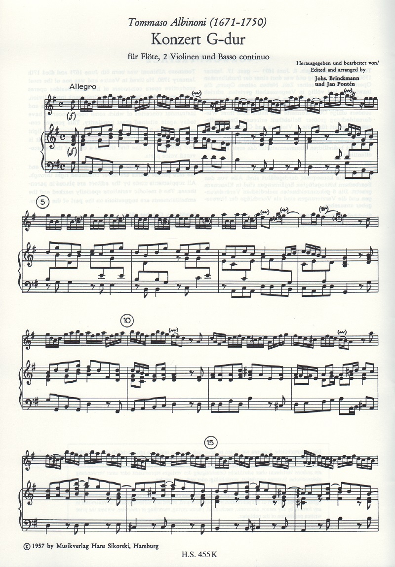 Tommaso Albinoni Concerto In G For Flute, Strings And Continuo (Flute