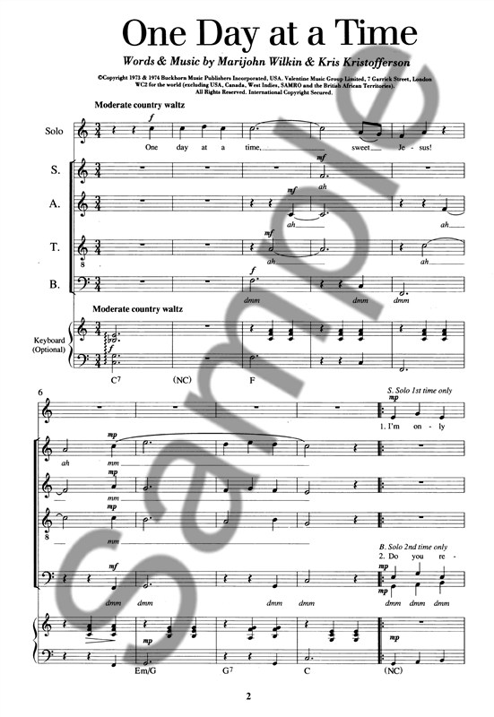 Kris Kristofferson/Marijohn Wilkin: One Day At A Time (SATB/Piano)