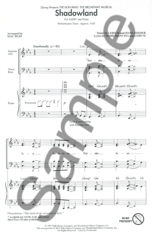 Hans Zimmer/Lebo M: Shadowland (The Lion King) (SATB)