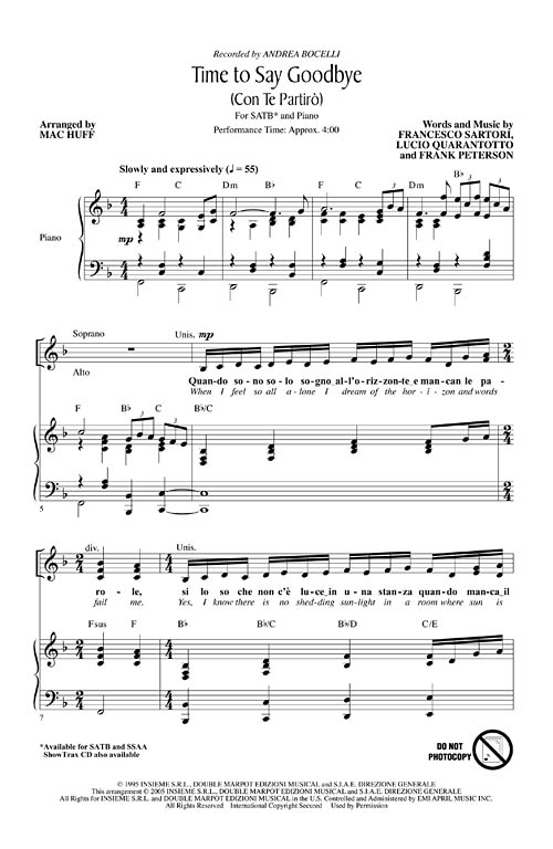 Andrea Bocelli/Sarah Brightman: Time To Say Goodbye (Con Te Partiro)- SATB/Piano