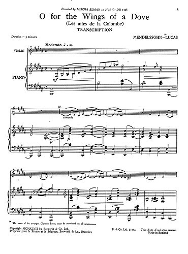 Felix Mendelssohn: O For The Wings Of A Dove (Violin/Piano)