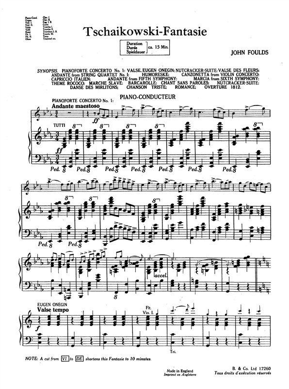 Peter Ilyich Tchaikovksy (Arr. John Foulds): Fantasie (Piano Score/Parts)