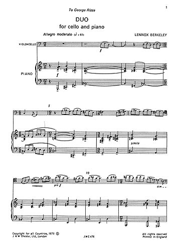 Lennox Berkeley: Duo Op.81 No.1 For Cello And Piano