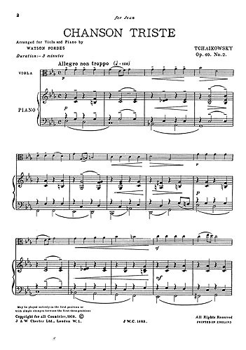 Tchaikovsky Chanson Triste Op40 No2/Chanson Italienne Op39 No15 Vla/Pf