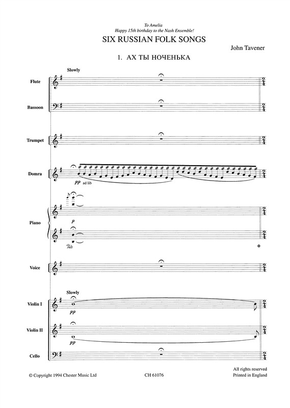 Tavener, J Six Russian Folksongs Score Only