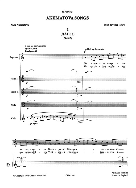 John Tavener: Akhmatova Songs (Score)