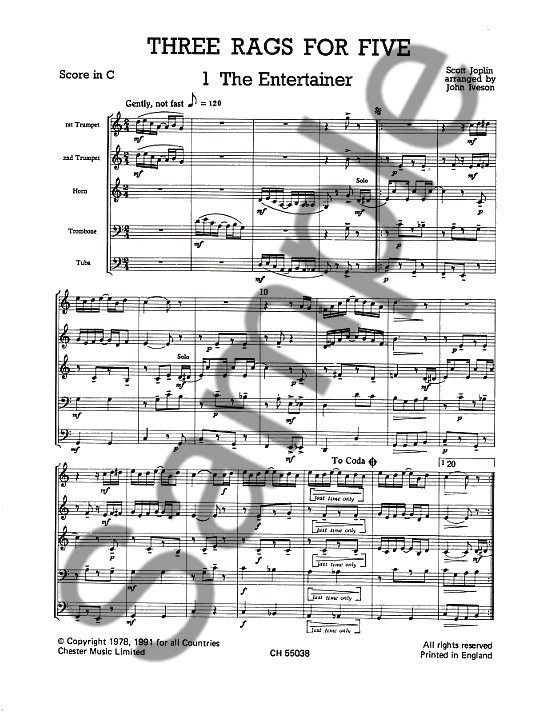 Scott Joplin: Three Rags For Brass Quintet (Just Brass No.25)