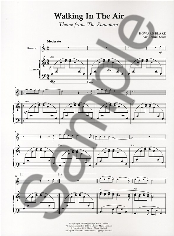 Howard Blake: Walking In The Air (The Snowman) Recorder/Piano