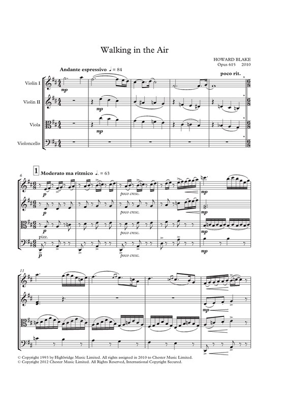 Howard Blake: Walking In The Air - String Quartet (Score/Parts)