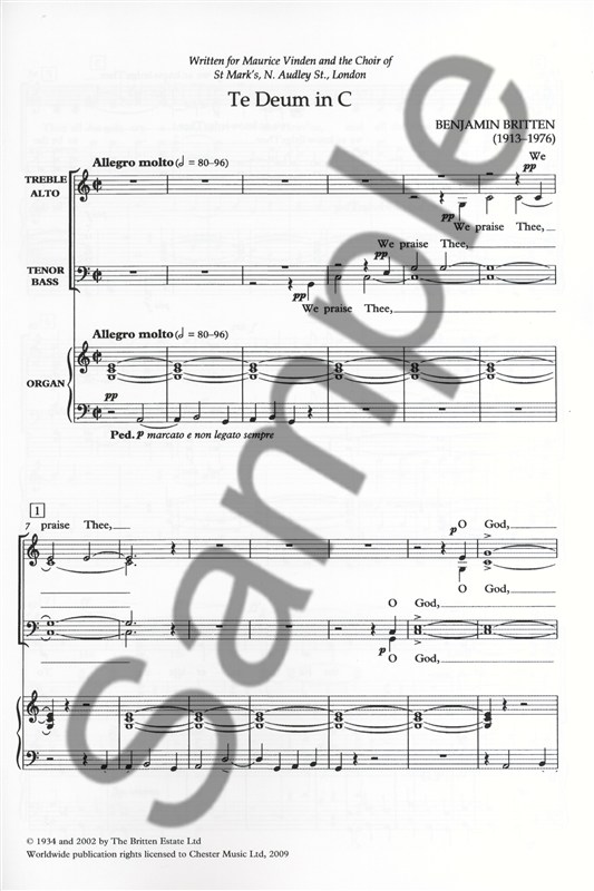 Benjamin Britten: Te Deum In C - Treble (Soprano)/SATB/Organ