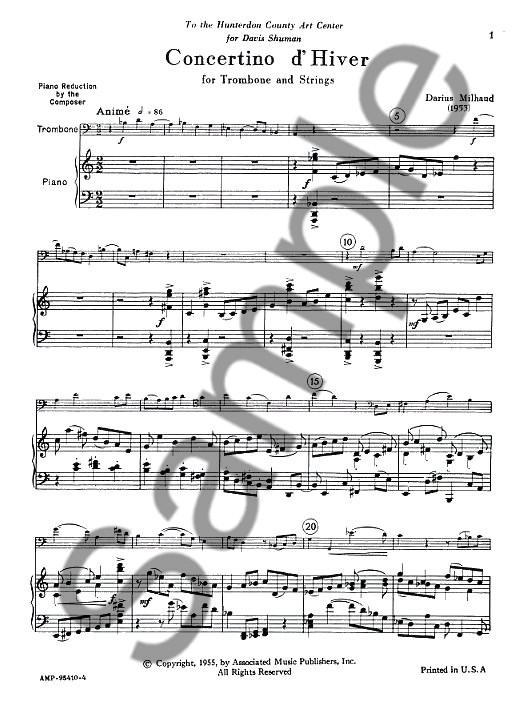Darius Milhaud: Concertino D'Hiver (Trombone/Piano)