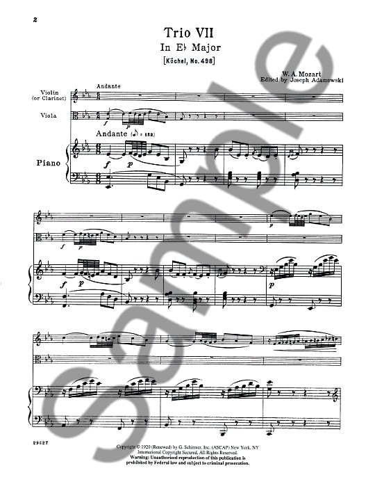 W.A.Mozart: 'Kegelstatt' Trio For Clarinet, Viola And Piano K.498 (Score/Parts)
