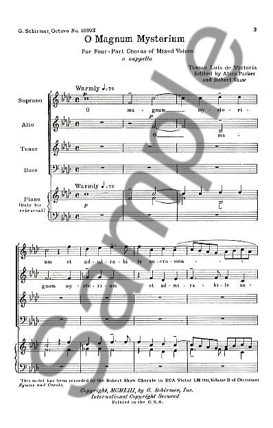 Tomas Luis De Victoria: O Magnum Mysterium (SATB)