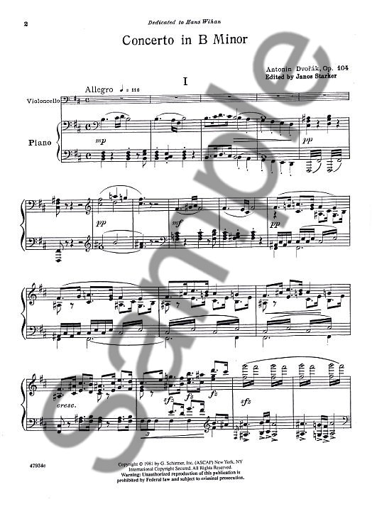 Antonin Dvorak: Cello Concerto In B Minor (Cello/Piano)