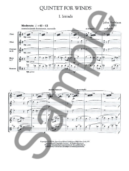 John Harbison: Quintet For Winds (Score And Parts)