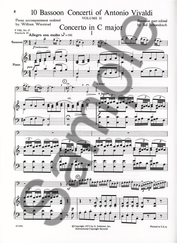Antonio Vivaldi: 10 Bassoon Concerti Volume 2 (Bassoon And Piano)