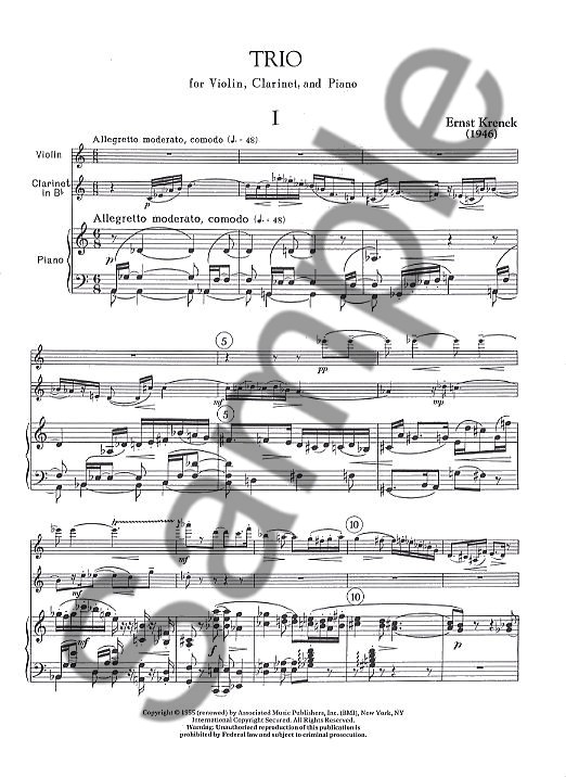 Ernst Krenek: Trio For Violin, Clarinet And Piano (Score/Parts)