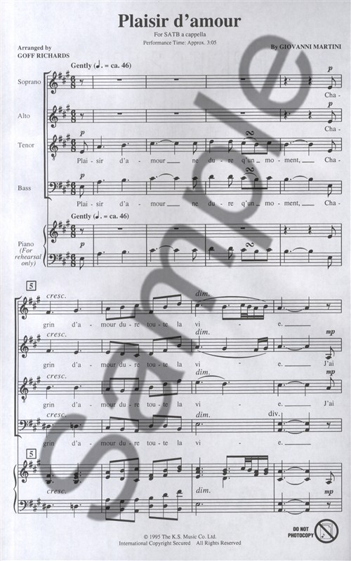 Giovanni Martini: Plaisir D'Amour - SATB A Cappella