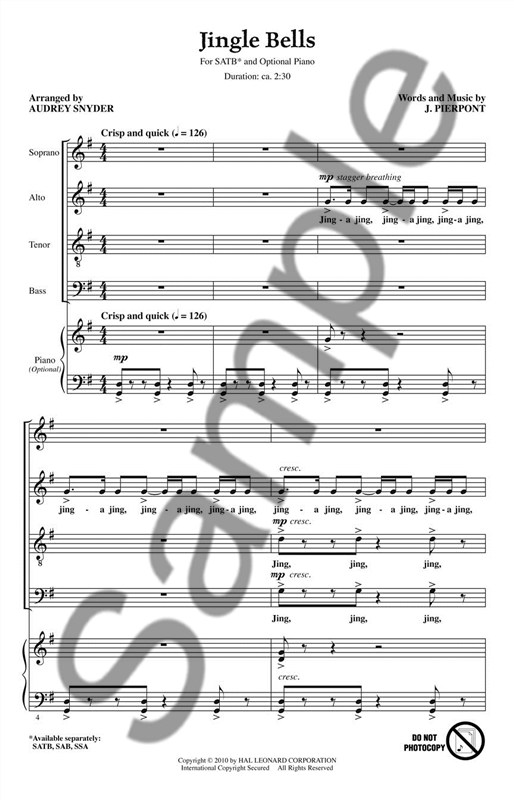 James Pierpont: Jingle Bells - SATB (Optional A Cappella)