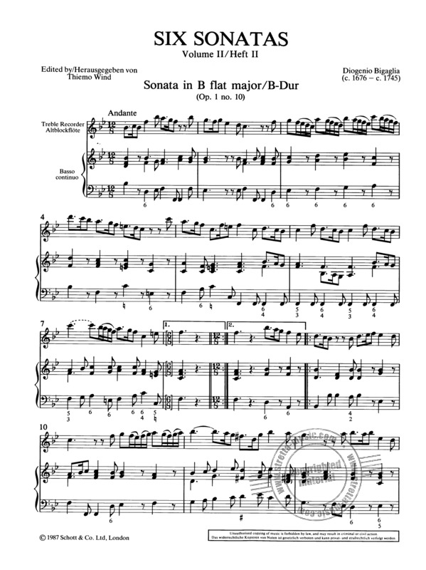 Six Sonatas - for treble recorder and basso continuo Op. 1, Vol. 2