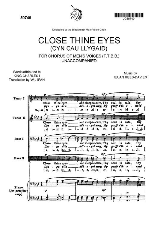 Ieuan Rees-Davies: Close Thine Eyes TTBB/Piano