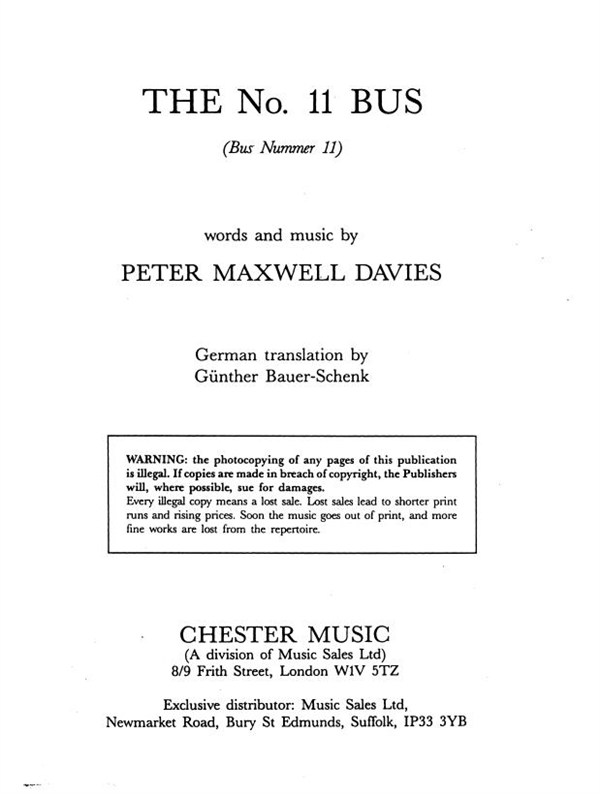 Maxwell Davies: No 11 Bus Piano Score