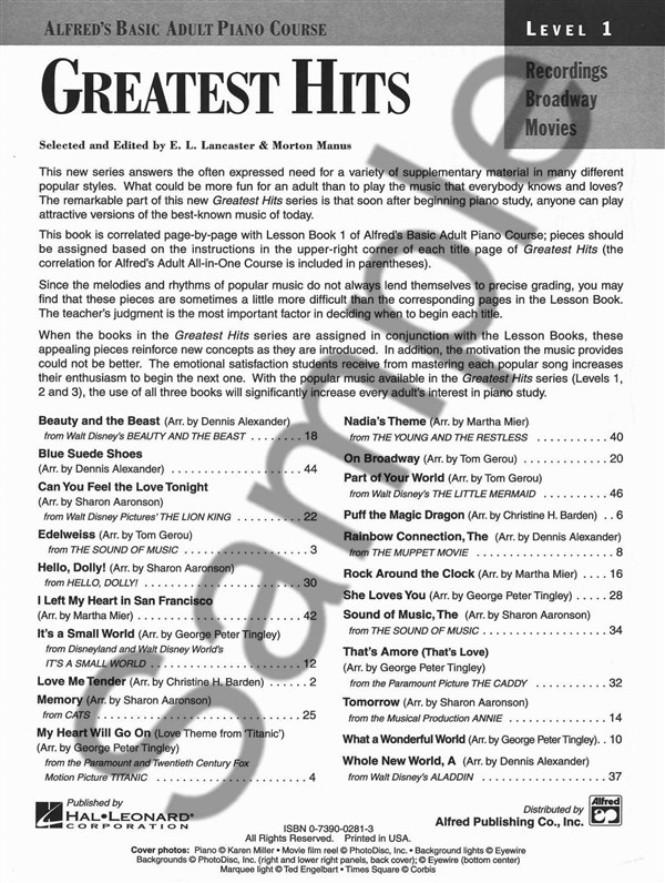 Alfred's Basic Adult Piano Course: Greatest Hits Book 1