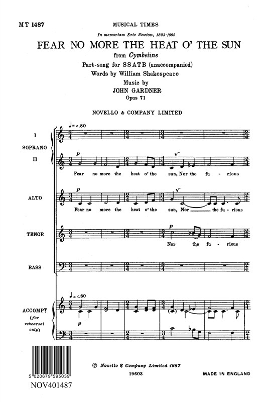 John Gardner: Fear No More The Heat O' The Sun (Cymbeline) Op.71