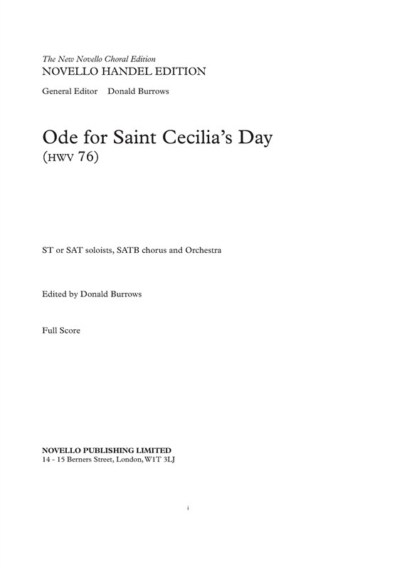 George Frideric Handel: Ode For Saint Cecilia's Day (Full Score)