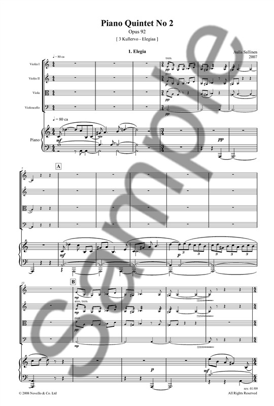 Aulis Sallinen: Piano Quintet Opus 92 (Score And Parts)