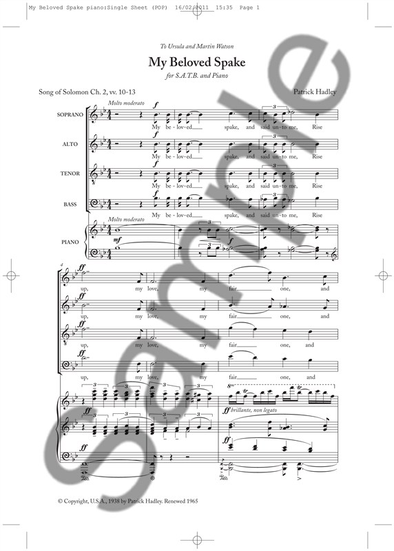 Patrick Hadley: My Beloved Spake (New Engraving - SATB/Piano)