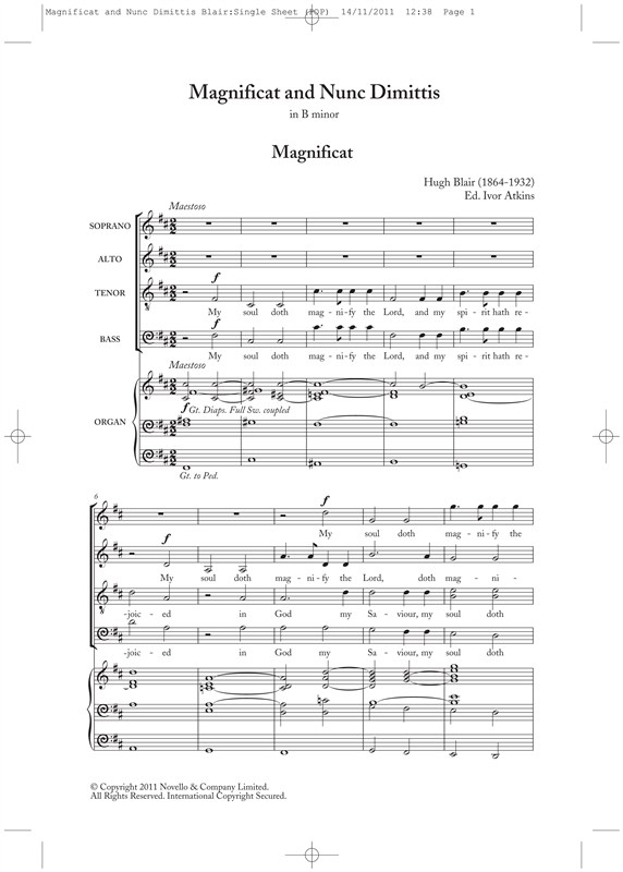 Hugh Blair: Magnificat And Nunc Dimittis In B Minor (New Engraving)