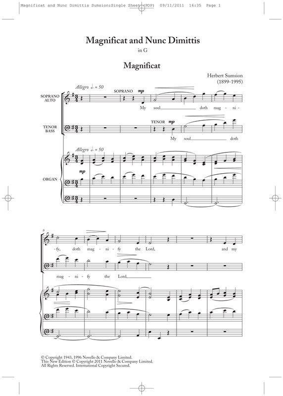 Herbert Sumsion: Magnificat And Nunc Dimittis In G (New Engraving)