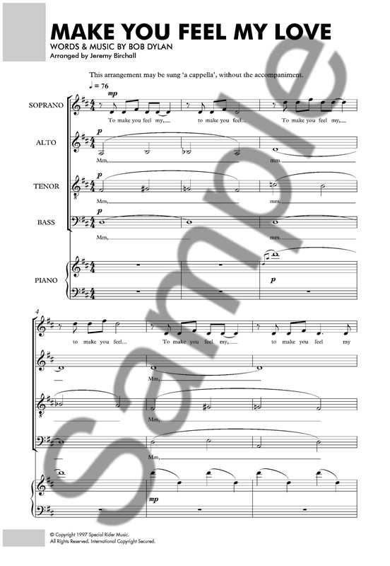 Bob Dylan: Make You Feel My Love - SATB/Piano (Or A Cappella)