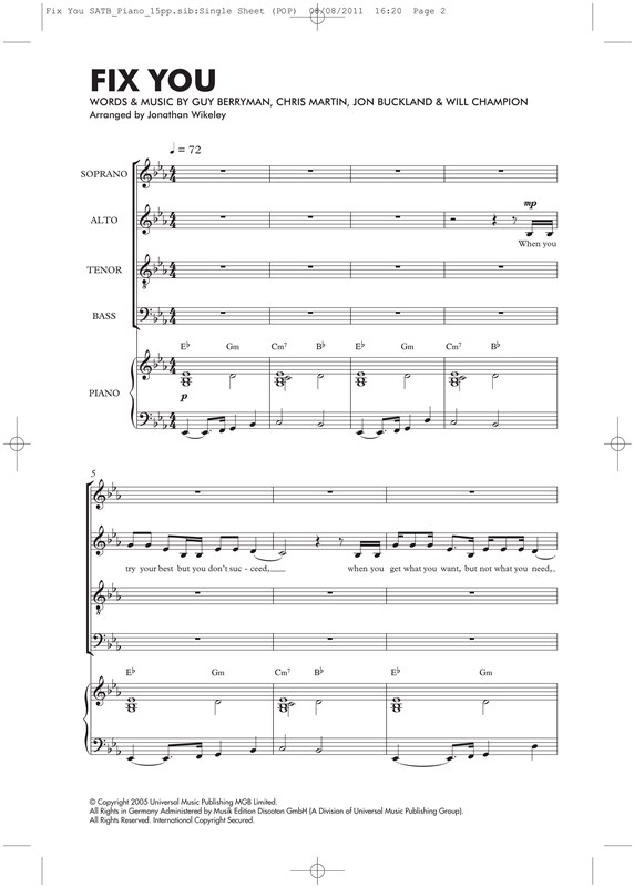 Coldplay: Fix You (SATB/Piano)