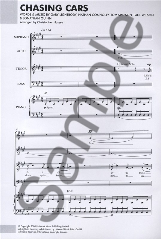 Snow Patrol: Chasing Cars - SATB/Piano