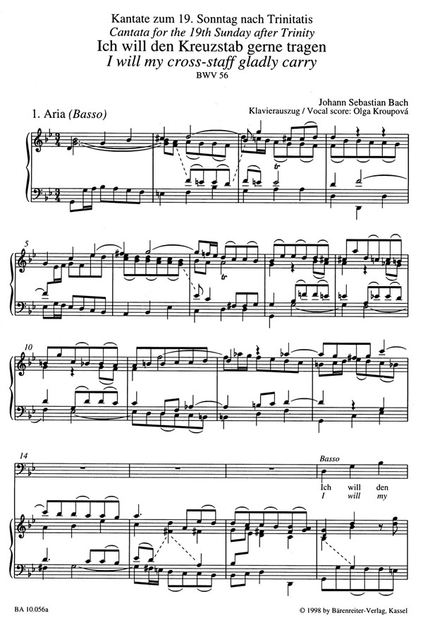 Johann Sebastian Bach: I will my cross-staff gladly carry (SATB, piano)