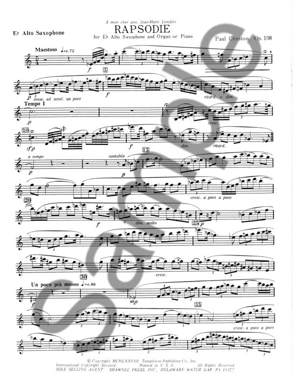 Paul Creston: Rhapsodie For Alto Sax And Organ Op.108a