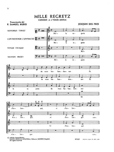 Josquin Des Prez: Mile Regretz (SATB)