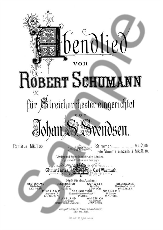 Johan Svendsen: Abenlied Von Robert Schumann (Score/Parts)