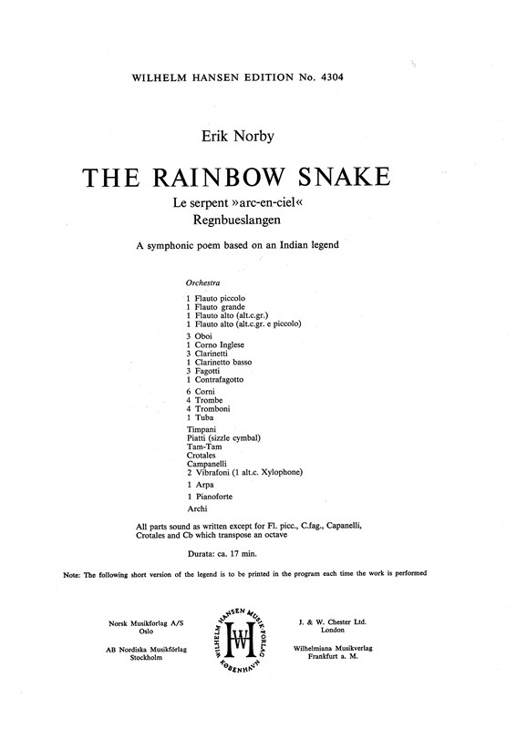 Erik Norby: The Rainbow Snake (Score)