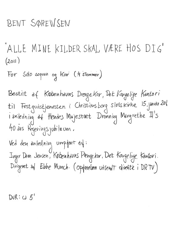 Bent Sørensen: Alle Mine Kilder Skal Være Hos Dig (Score)