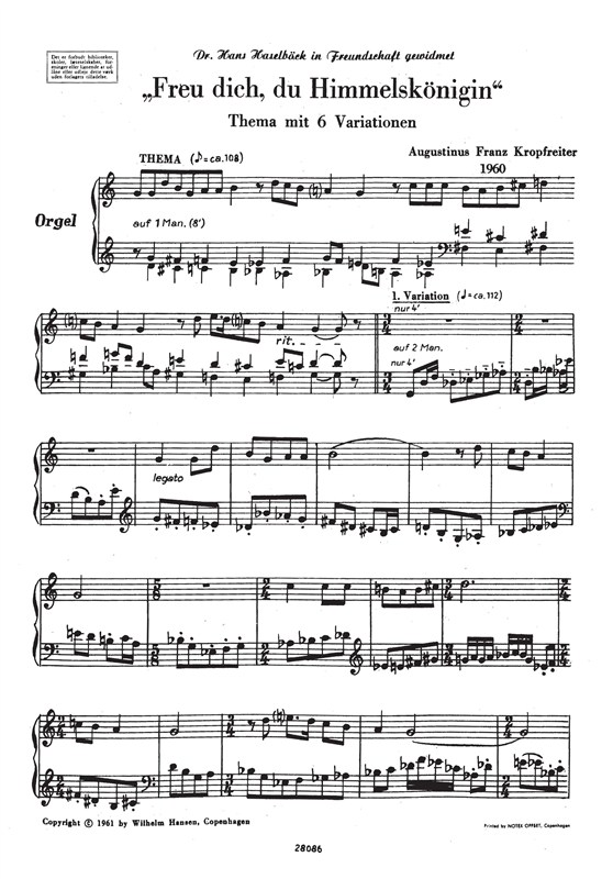 Augustinus Franz Kropfreiter: Freu Dich, Du Hemmelsköenigin (Organ)