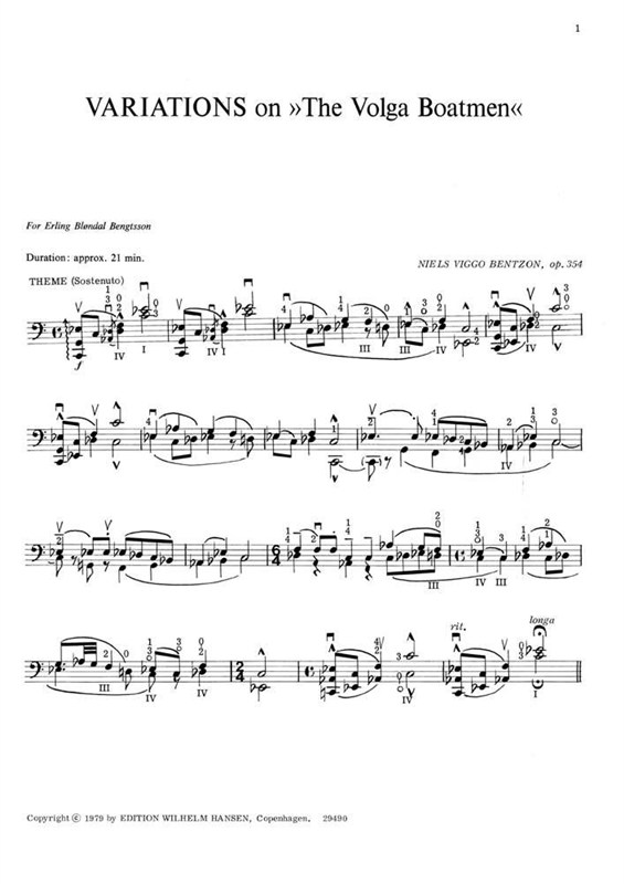 Niels Viggo Bentzon: Variations On The Volga Boatmen Op.354 (Cello Solo)