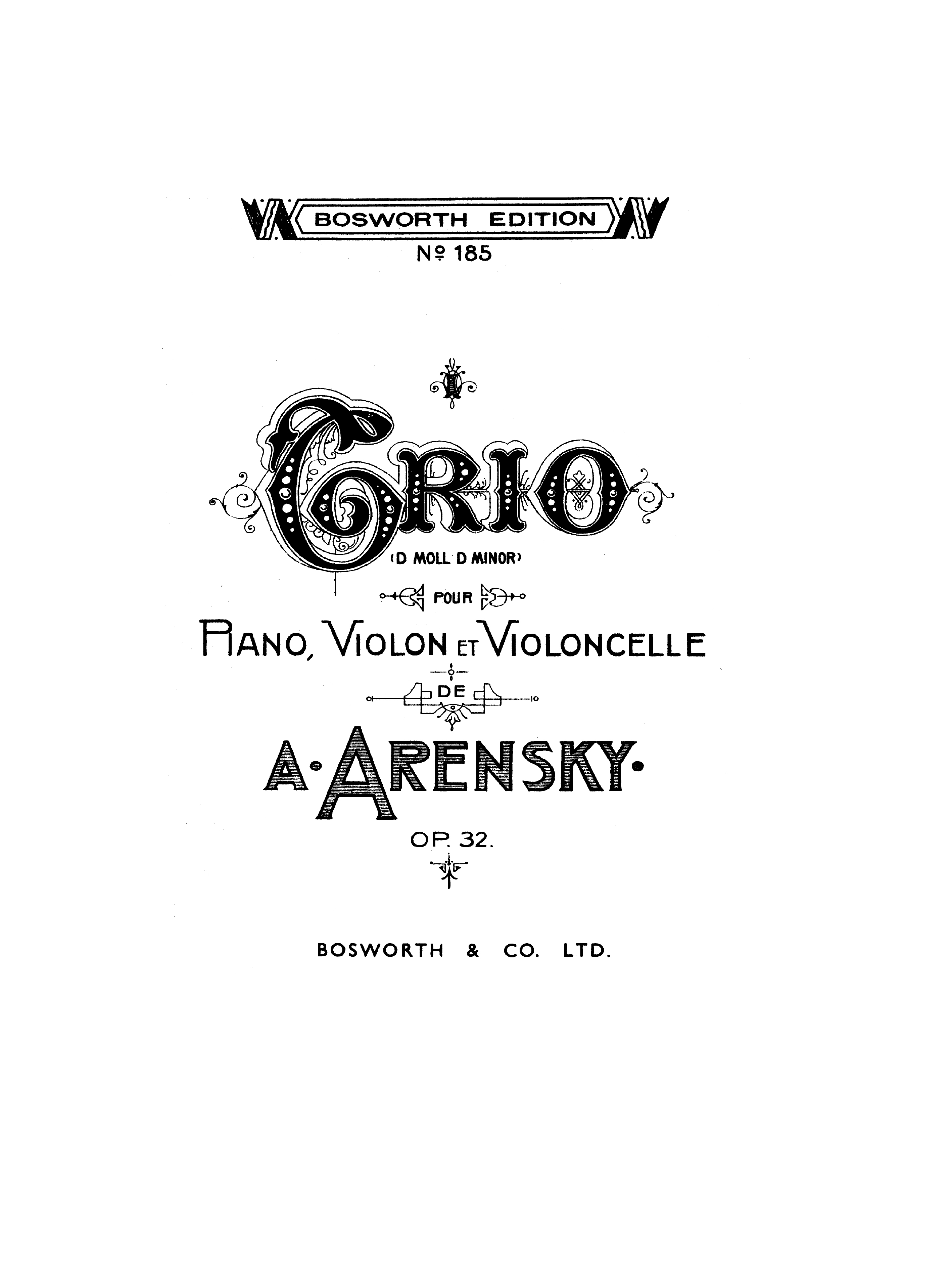 Anton Arensky: Piano Trio No.1 In D Minor Op.32 (Score/Parts)