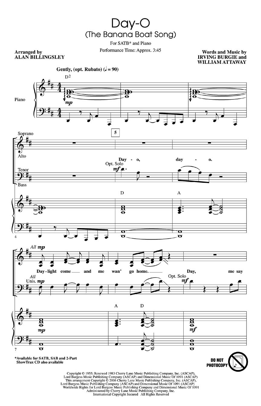 Irving Burgie/William Attaway: Day-O (The Banana Boat Song) - SATB/Piano
