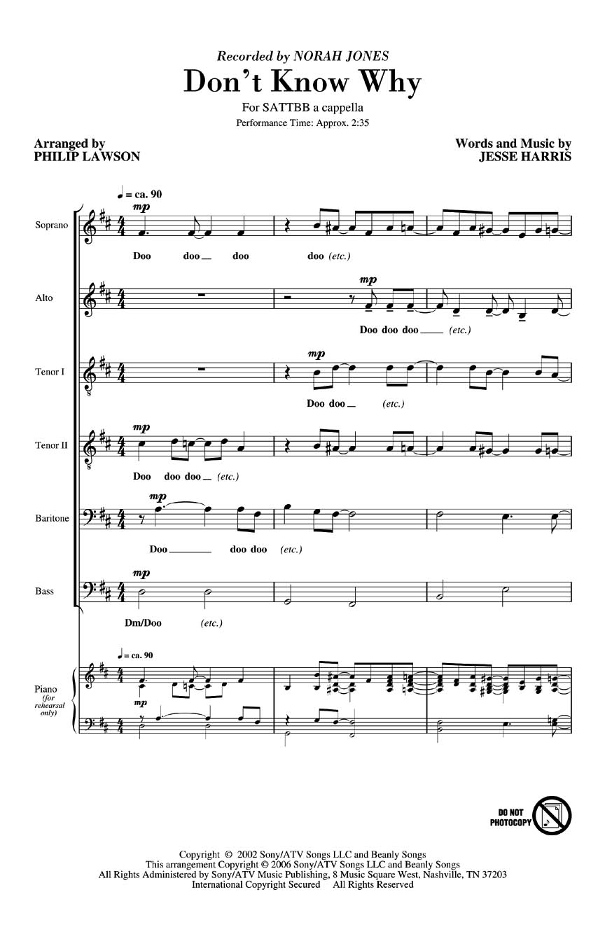 Jesse Harris: Don't Know Why (arr. Lawson) SATTBB