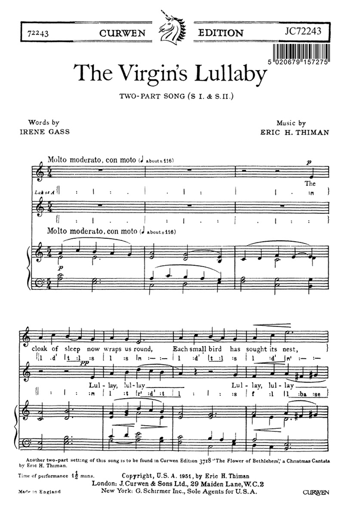 Thiman, E The Virgin's Lullaby 2pt/Piano